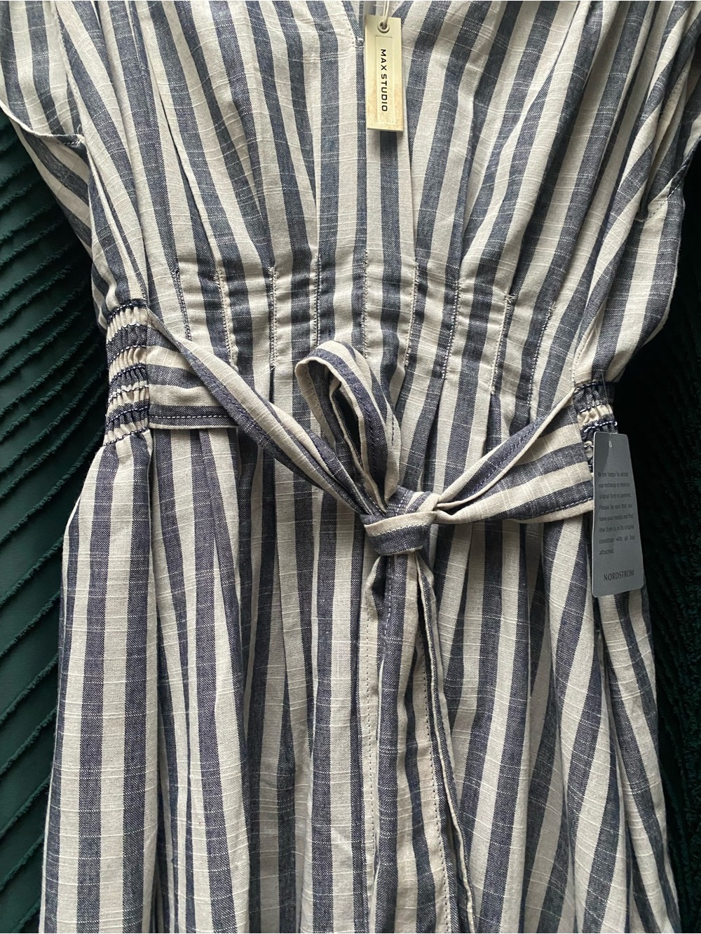 Striped V-Neck Tie-Waist Midi Dress in Grey and White - Picture 2 of 5